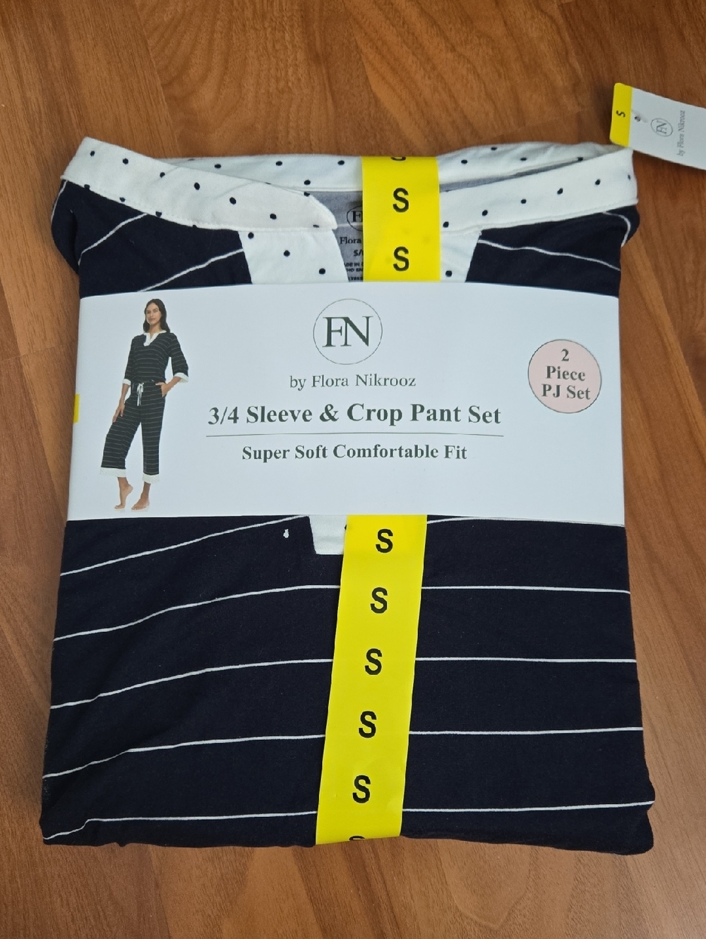 Flora Nikrooz Women’s Navy Stripe 3/4 Sleeve & Crop Pant PJ Set